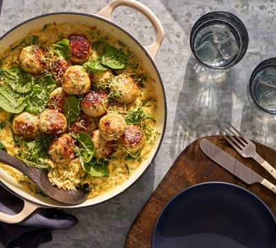 One Pan Tuscan Chicken Meatball Orzo